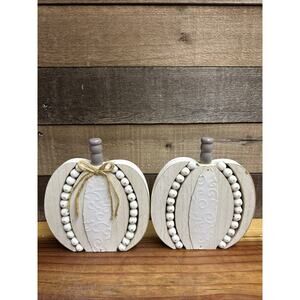 Set Of 2 White Beaded Wooden Pumpkins 7.5” Tall